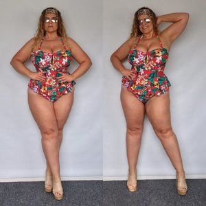 Forever21 red floral halter peplum one-piece